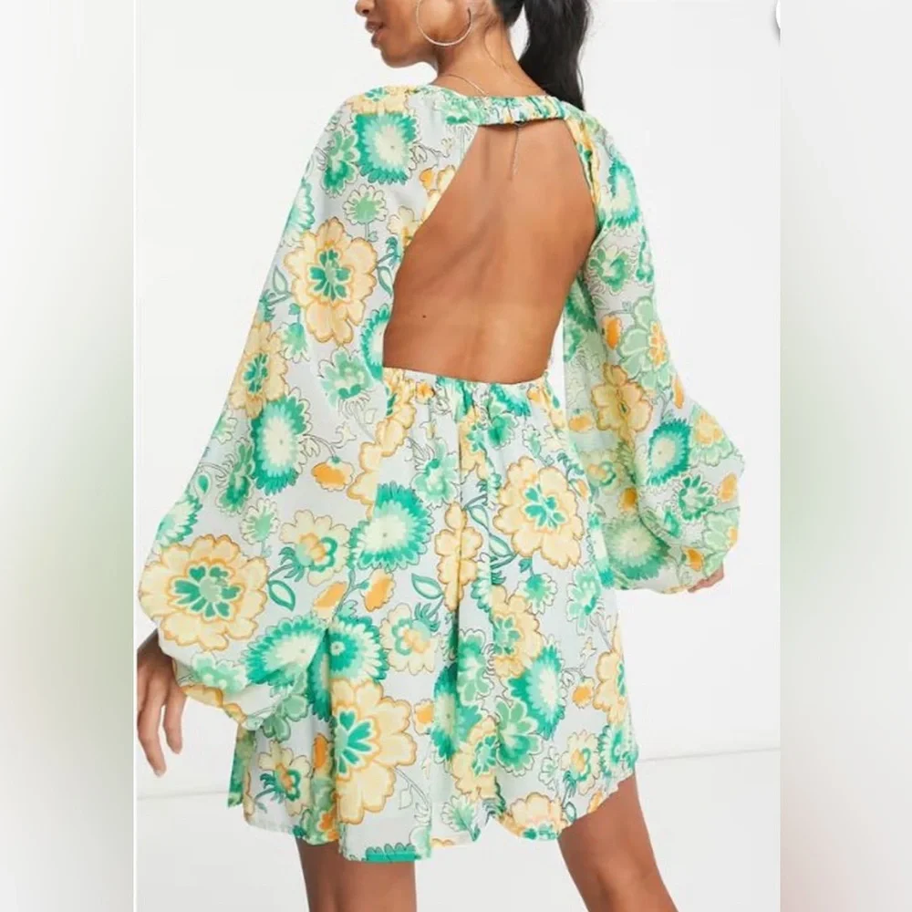 ASOS Green Orange Floral Open Back Smocked Mini Dress 70s Retro 4